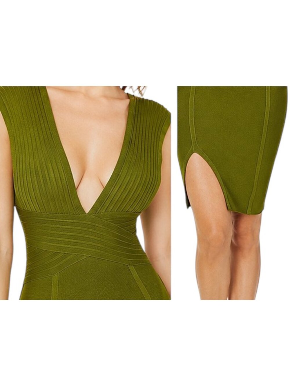 Olive Green Wide Shoulder Strap Open Back Bandage Bodycon Deep V Dress | M - Picture 5 of 9